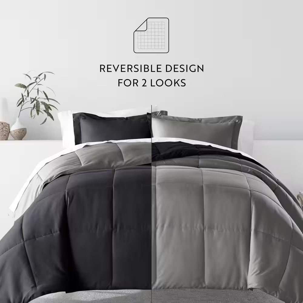 Black and Fog Microfiber down Alternative Full/Queen Reversible Comforter Set