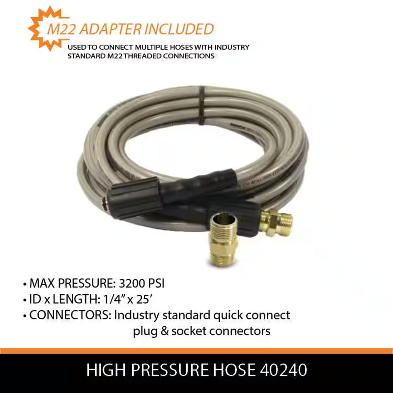 1/4 In. X 25 Ft. Hose 3200 PSI Compatible with Power Washer, Simpson, Ryobi, Westinghouse and Others with M22 Connectors
