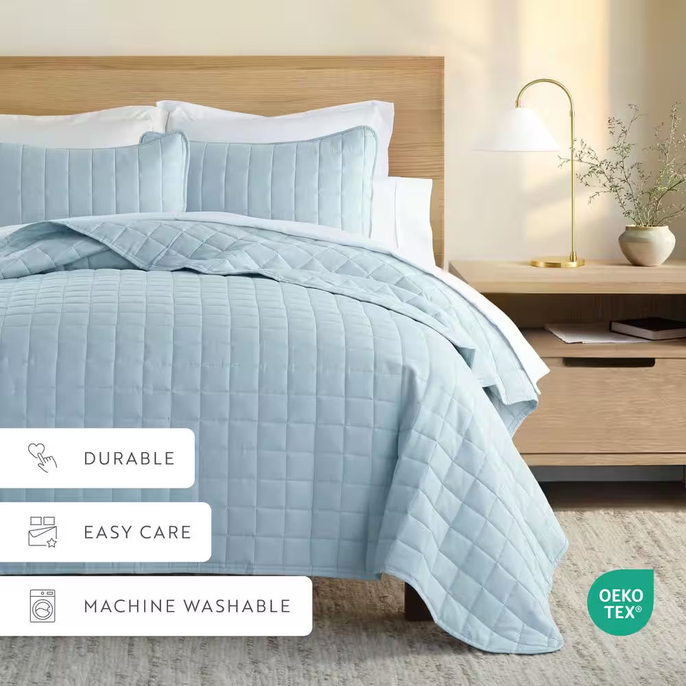 Square Pale Blue Queen Performance Quilted Coverlet Set