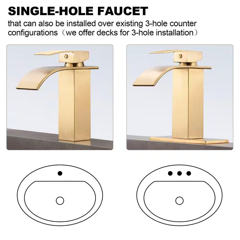 Single-Handle Arc Single-Hole Bathroom Faucet with Waterfall in Brushed Gold