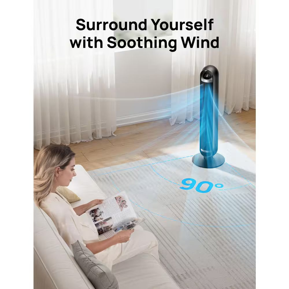 36 In. Smart Tower Fan, 8 Speed, DC Motor, 25 DB Quiet, 90° Oscillating with Remote and Wi-Fi Voice Control in Black