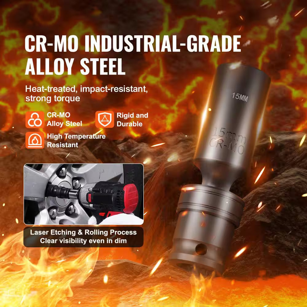360° Swivel Impact Socket Set, 3/8 In. Socket Set 14-Pieces Deep Universal Metric 10-19Mm, 6 Point Cr-Mo Alloy Steel