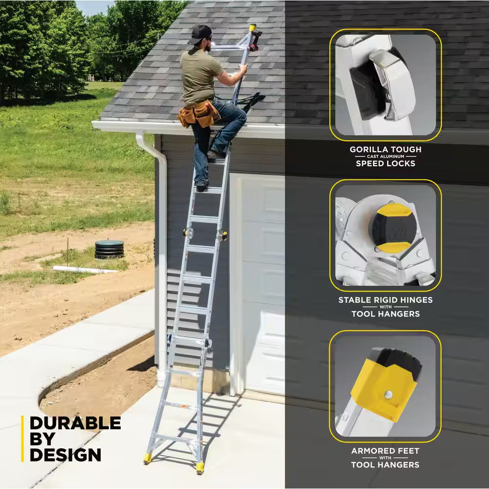 18 Ft Reach Aluminum Multi-Position Ladder with Tool Hangers, 300 Lbs. Load Capacity, Type IA Duty Rating