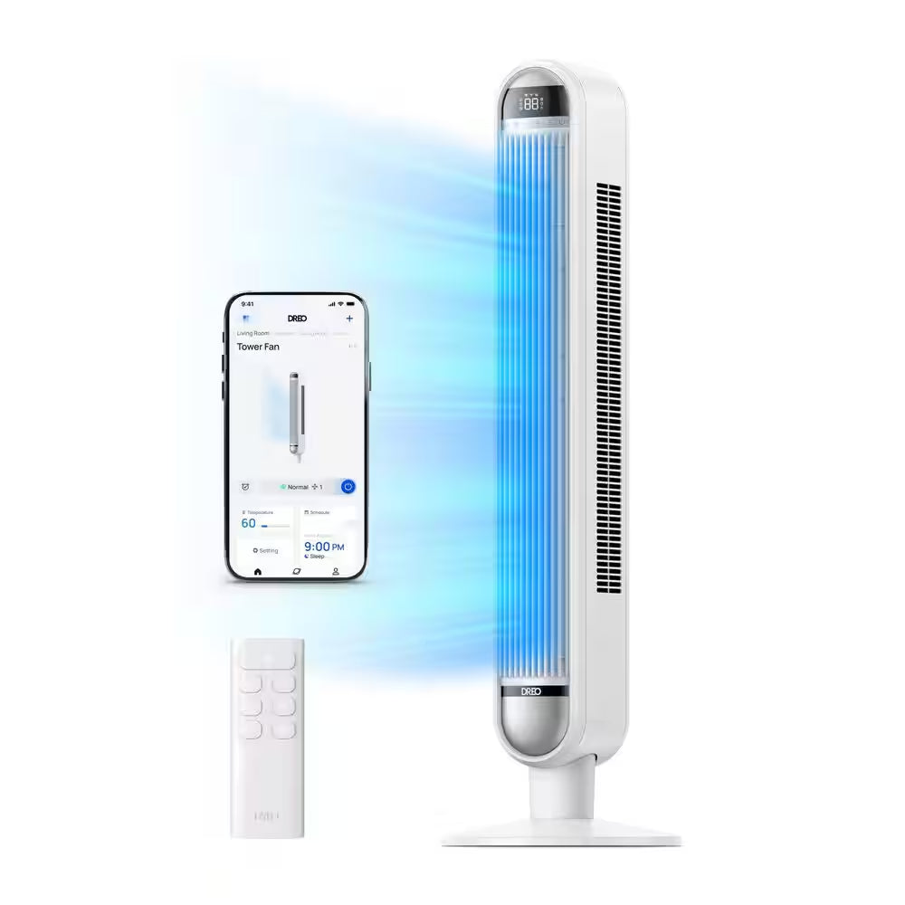 Smart Essential 42 In. 6 Fan Speeds Tower Fan in White with Wi-Fi, Voice Control, Remote and 90° Oscillation