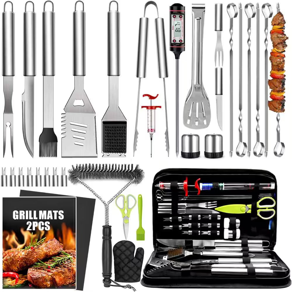 Stainless Steel Grill Cooking Accessory Tool Set 34-Pieces with Carry Bag, Thermometer, Grill Mats for Outdoor Camping