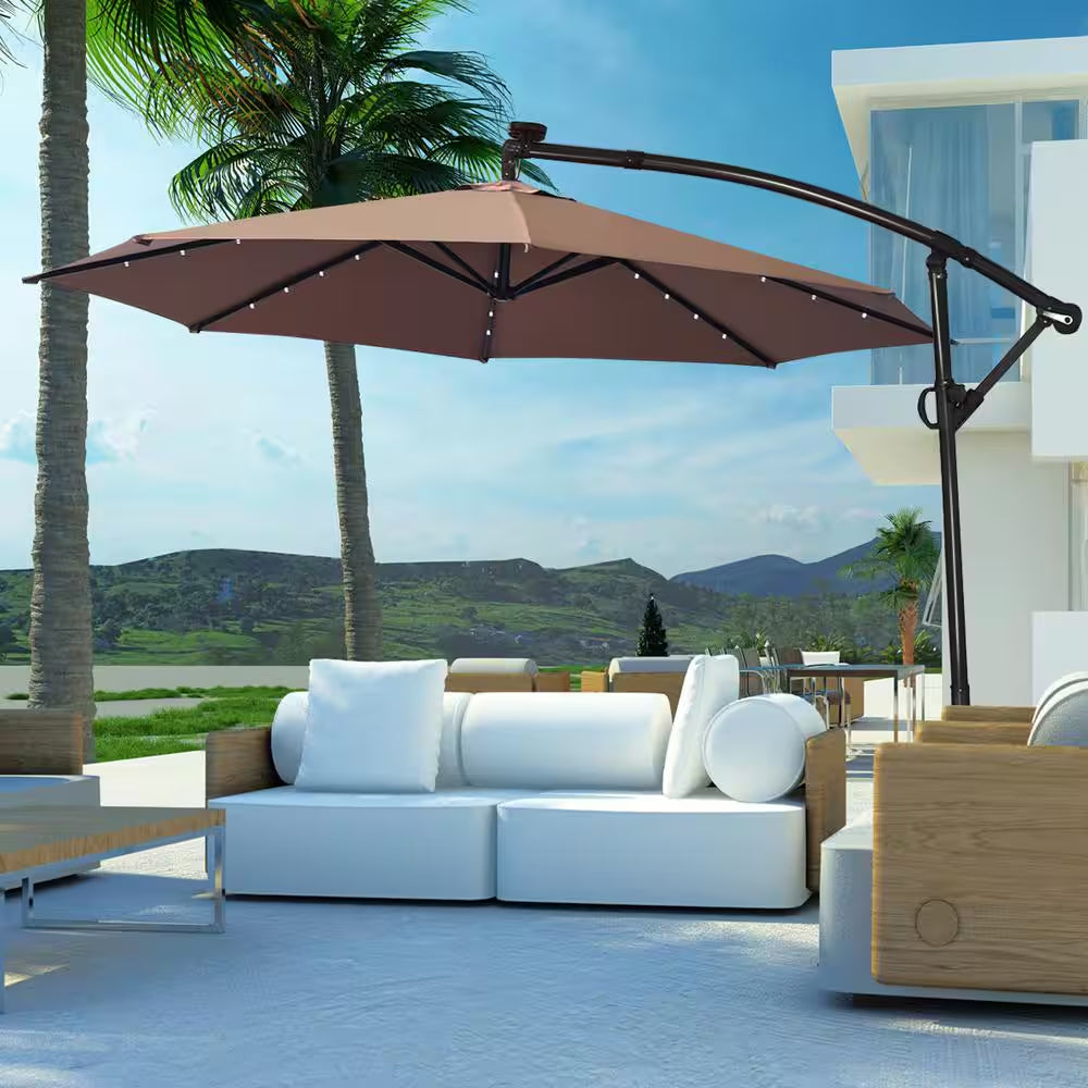 10 Ft. Aluminum Offset Cantilever Solar Tilt Patio Umbrella LED Lights 360-Degrees Rotation Tan