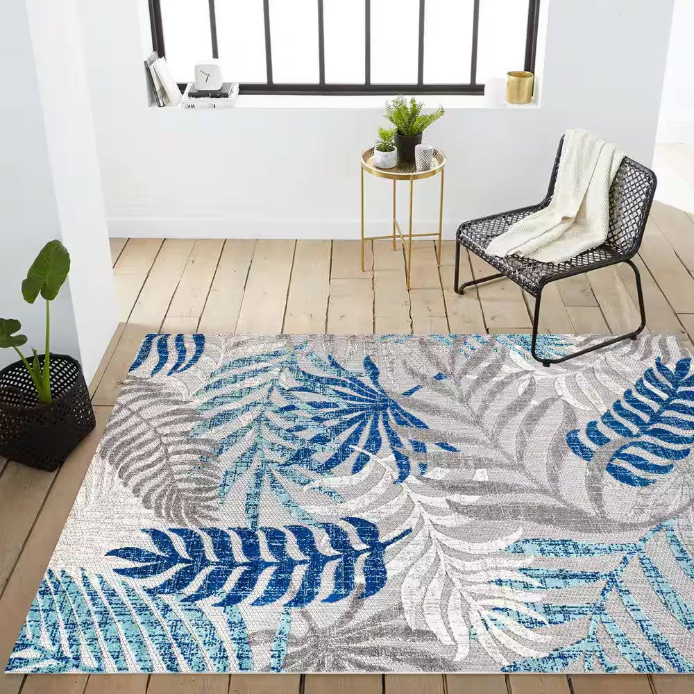 Tropics Palm Leaves Gray/Blue Indoor/Outdoor 8 Ft. X 10 Ft. Area Rug