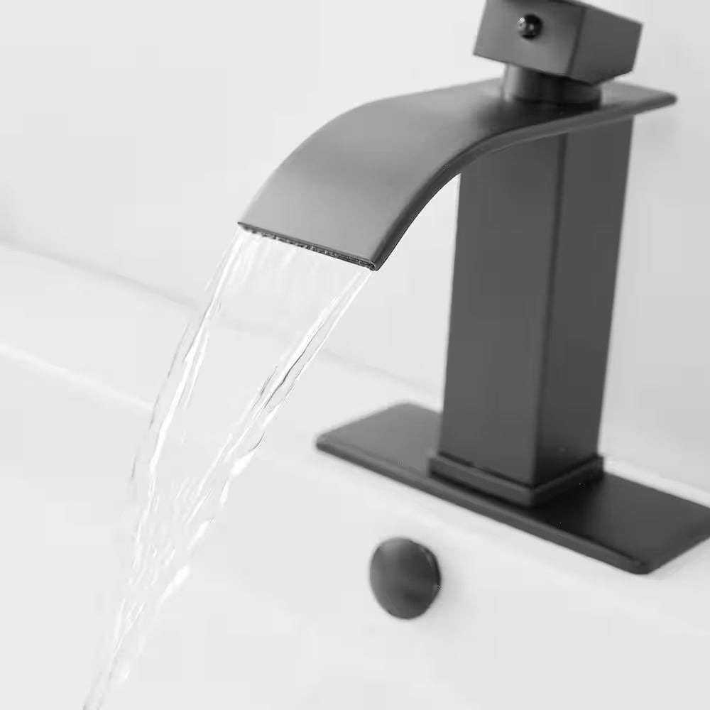 Waterfall Single Handle Single Hole Low-Arc Bathroom Faucet Bathroom Drip-Free Vanity Sink Faucet in Matte Black