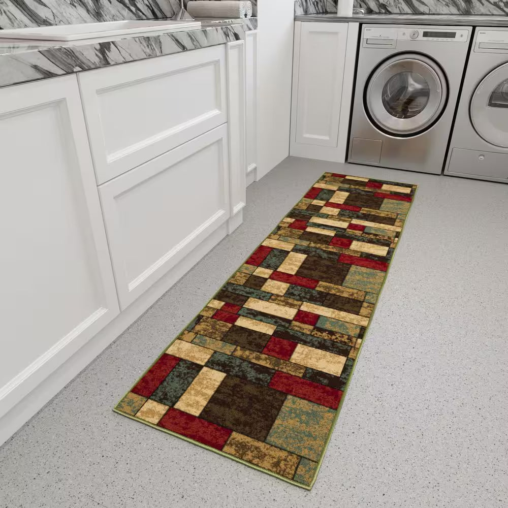 Ottohome Collection Non-Slip Rubberback Boxes Design 2 X 6 Indoor Runner Rug, 1 Ft. 10 In. X 6 Ft., Multicolor
