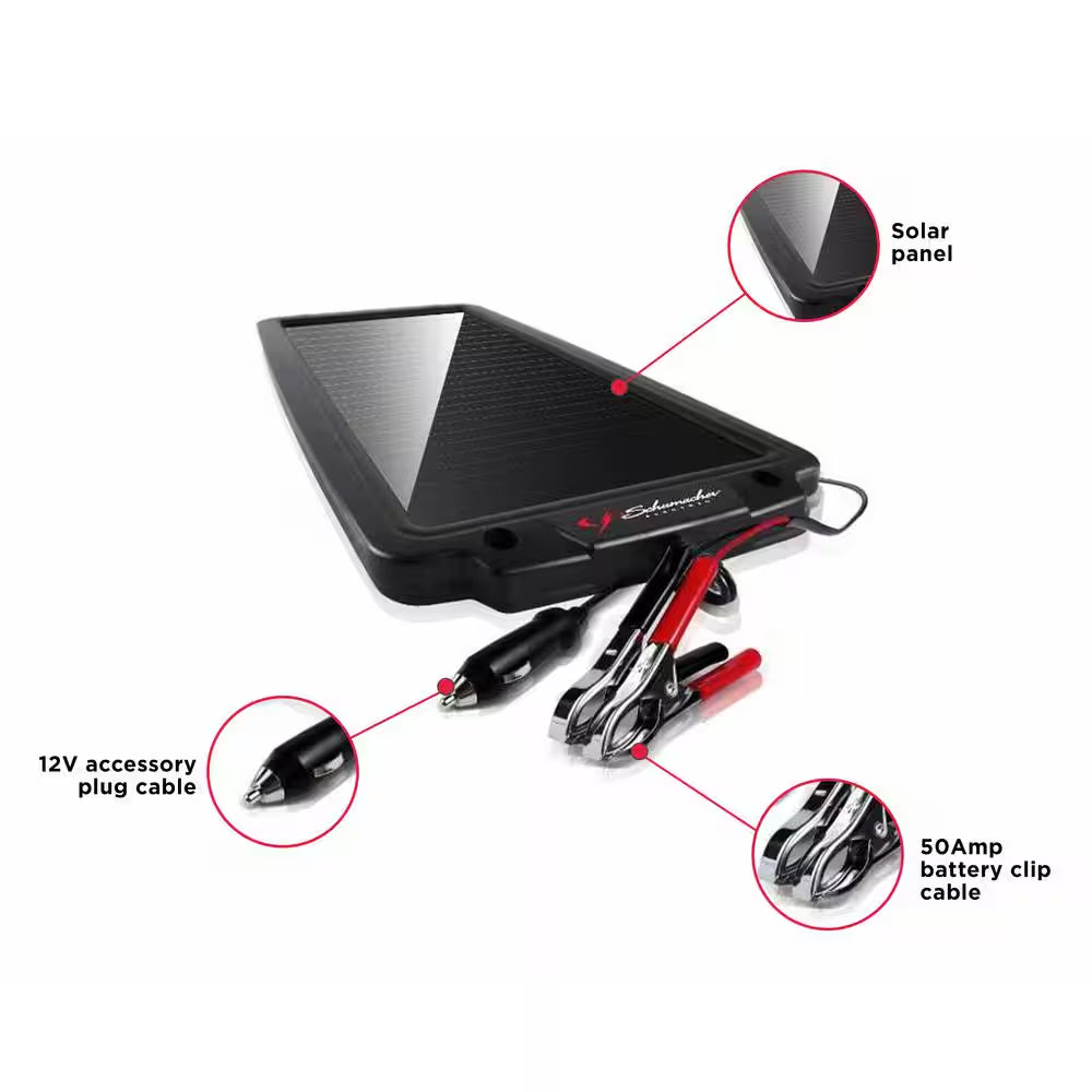 Automotive 12 Volt Solar Battery Maintainer with Quick-Connect Clamps and DC Accessory Plug