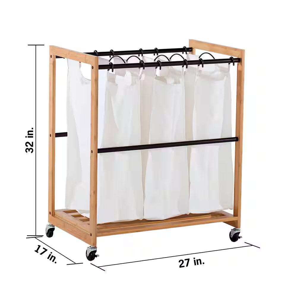 Ecostorage Wheeled 3-Bag Bamboo Laundry Cart with Bronze Poles
