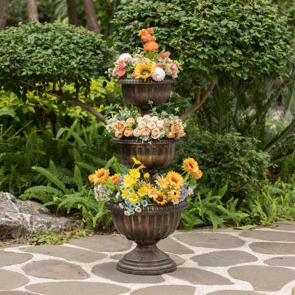 Bronze Outdoor Garden Triple Stacked Flower Bowl Urn Tier Planter Decoration