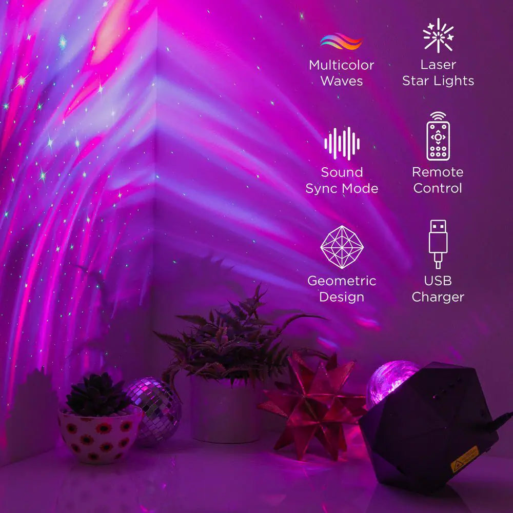 Multi-Color Sound Reactive USB Powered Galaxy Wave Projector Laser Integrated LED Light Show with Remote Control