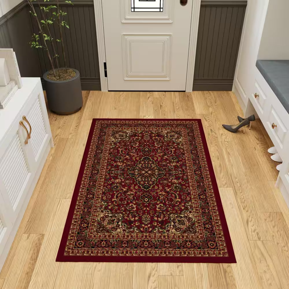Ottohome Collection Non-Slip Rubberback Medallion Oriental Design 3X5 Indoor Area Rug, 3 Ft. 3 In. X 5 Ft., Dark Red
