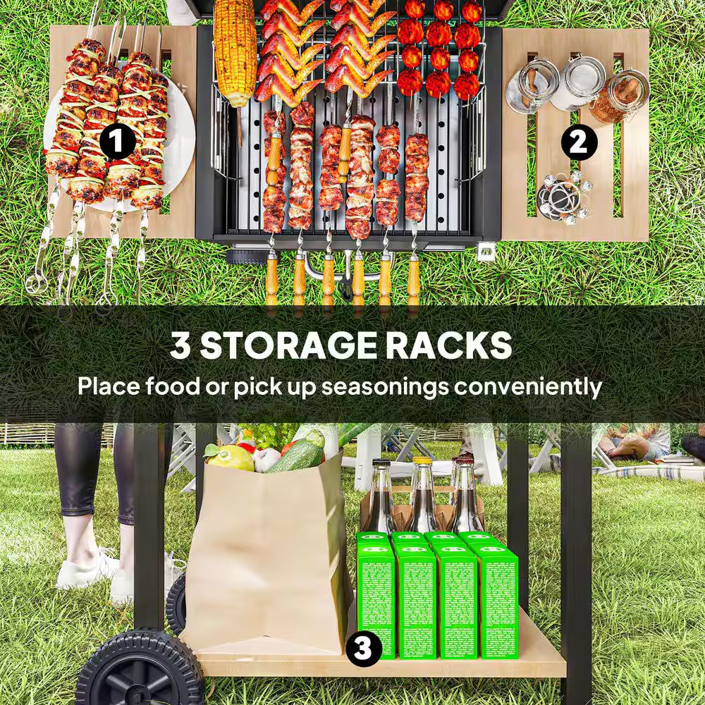 Charcoal Grill in Black with Adjustable Charcoal Pan, 3 Shelves, Thermometer, Wheels for Patio Backyard Party Picnic