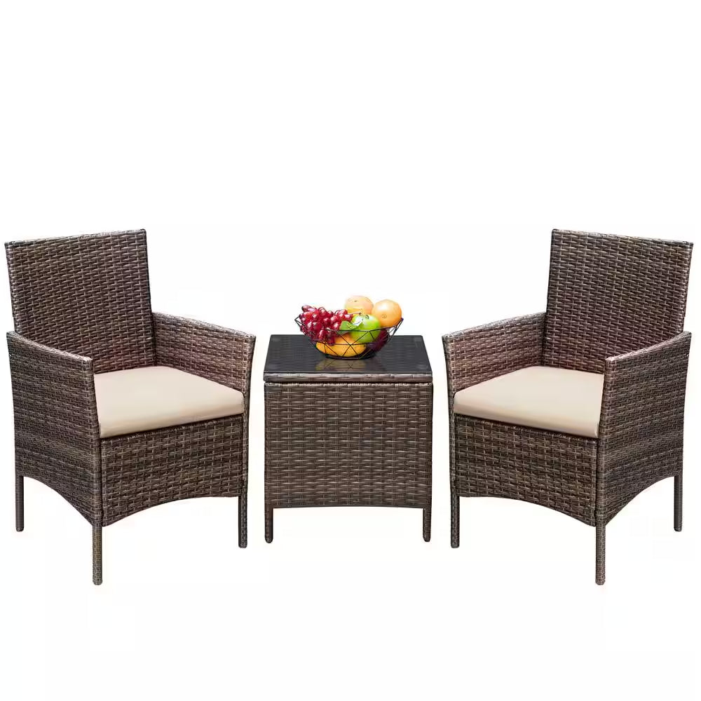 Brown 3-Pieces Patio Furniture PE Rattan Outdoor Conversation Set W/Table Backyard Garden Set with Beige Cushion