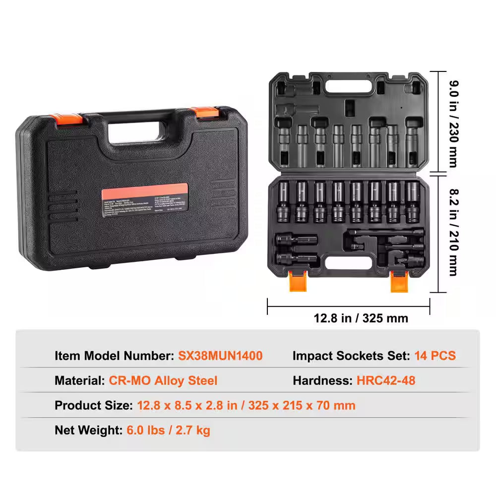 360° Swivel Impact Socket Set, 3/8 In. Socket Set 14-Pieces Deep Universal Metric 10-19Mm, 6 Point Cr-Mo Alloy Steel