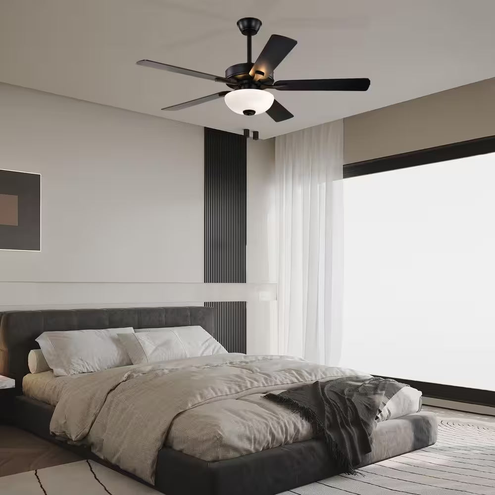 52 In. Matte Black 5-Blade Integrated LED 6-Speed Indoor Ceiling Fan with Light Kit and Remote Control