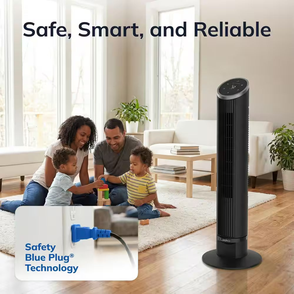 36 In. 12-Speed Oscillating Tower Fan in Black with Quiet DC Motor for Bedrooms, 4-Fan Modes, Timer, Remote, 11 In. Dia