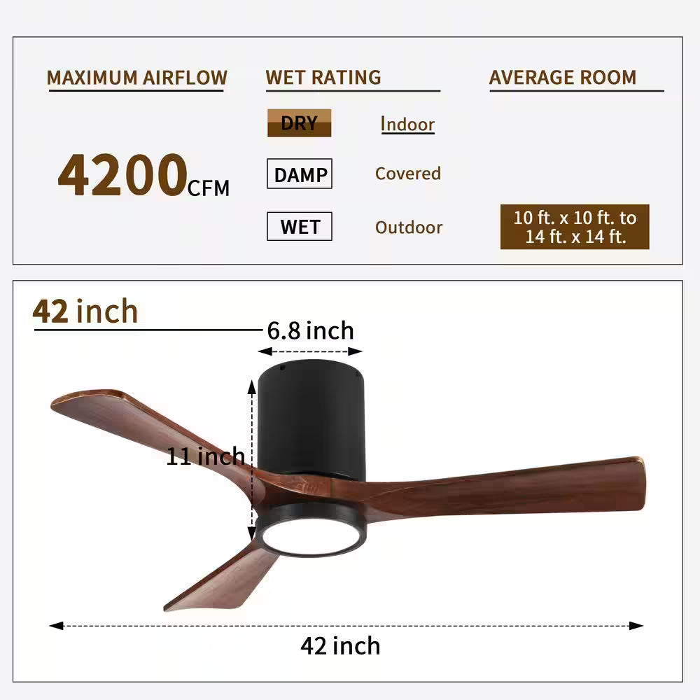 42 Inch Indoor Black Solid Wood 6 Speeds Remote Ceiling Fan with 3 Colors Dimmable LED Light and Reversible DC Motor