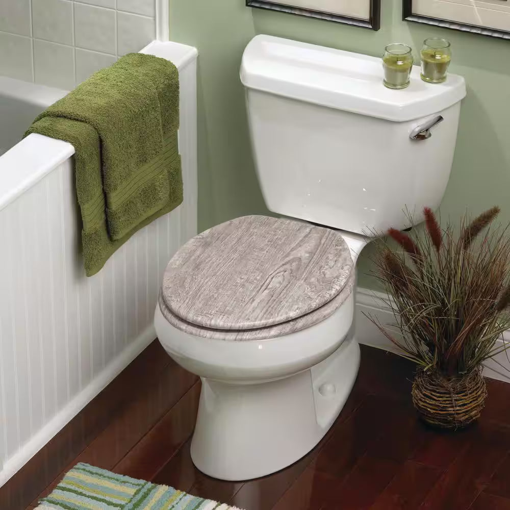 Round Distressed Wood Closed Front Toilet Seat in Gray