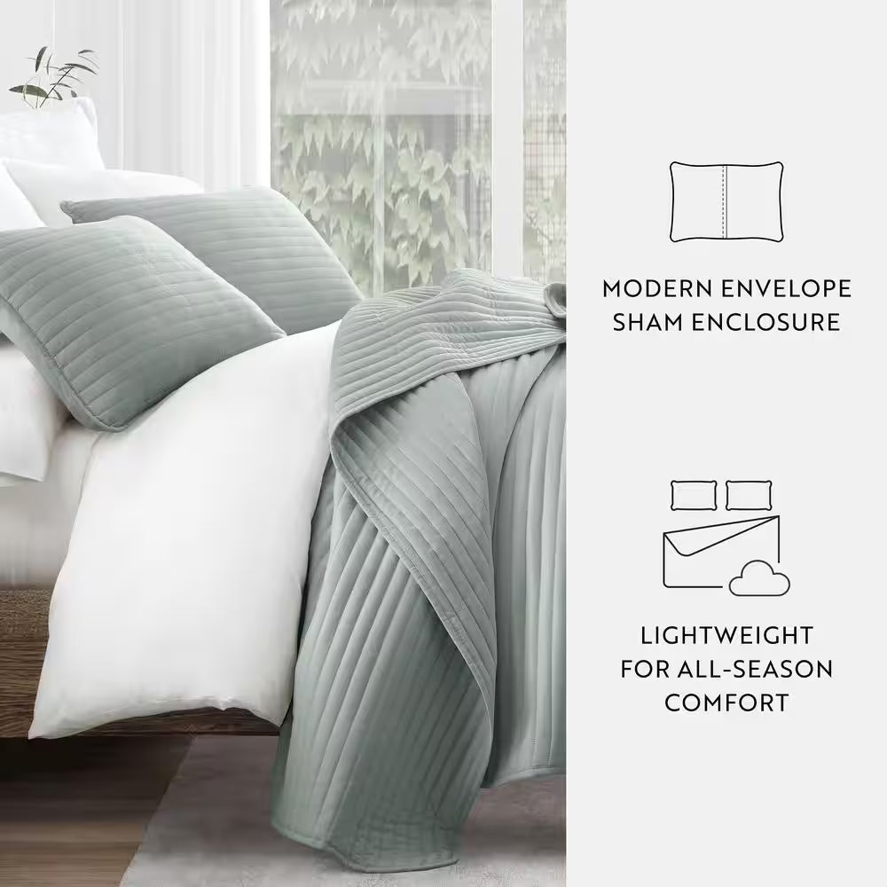 All Season 3-Pcs Eucalyptus Microfiber Twin/Twin XL Stripe Stitch Quilt Set with Shams