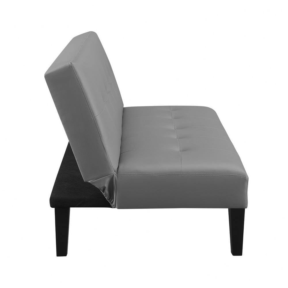 76.6 in Gray Faux Leather Armless Futon Sofa Bed with Wooden Legs - Rectangle Couch Featuring Button Tufting