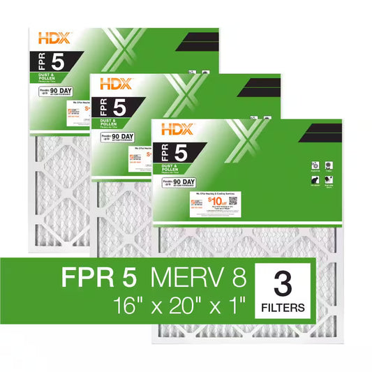 16 In. X 20 In. X 1 In. Standard Pleated Furnace Air Filter FPR 5, MERV 8 (3-Pack)