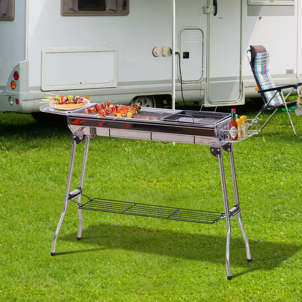 Portable Folding Charcoal BBQ Grill in Silver Stainless Steel Camp Picnic Cooker with a Large Non-Stick Cooking Space