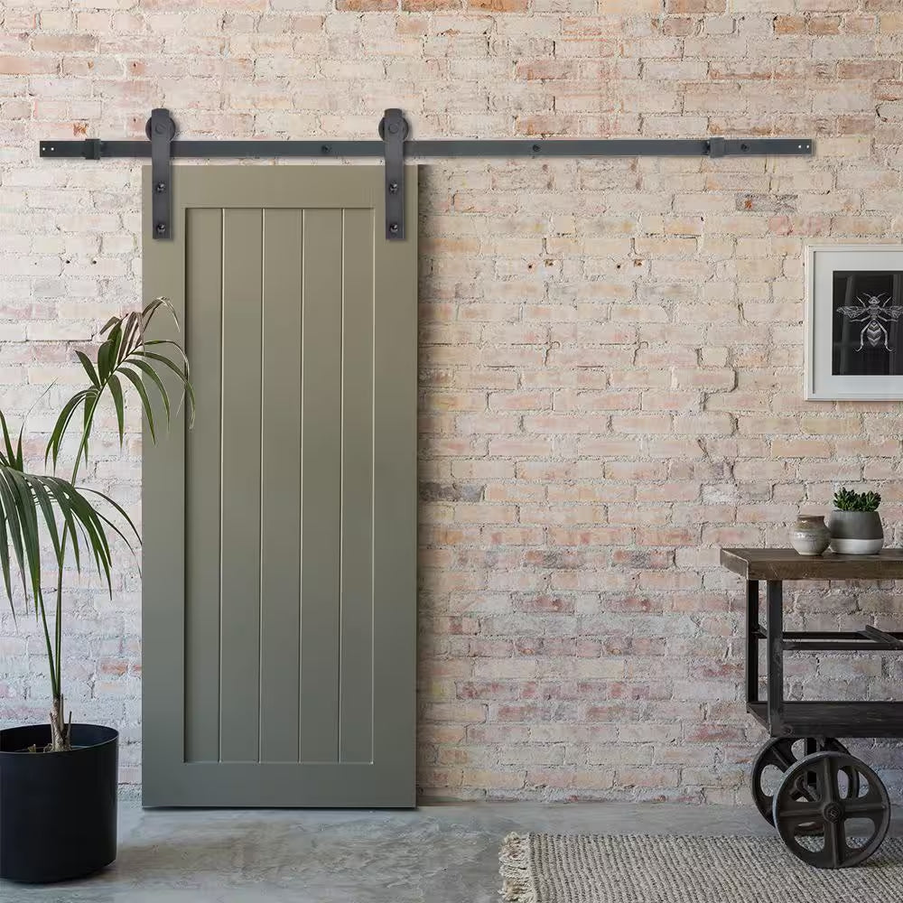 72 In. Matte Black Classic Straight Strap Barn Style Sliding Door Track and Hardware Set-Door Not Included