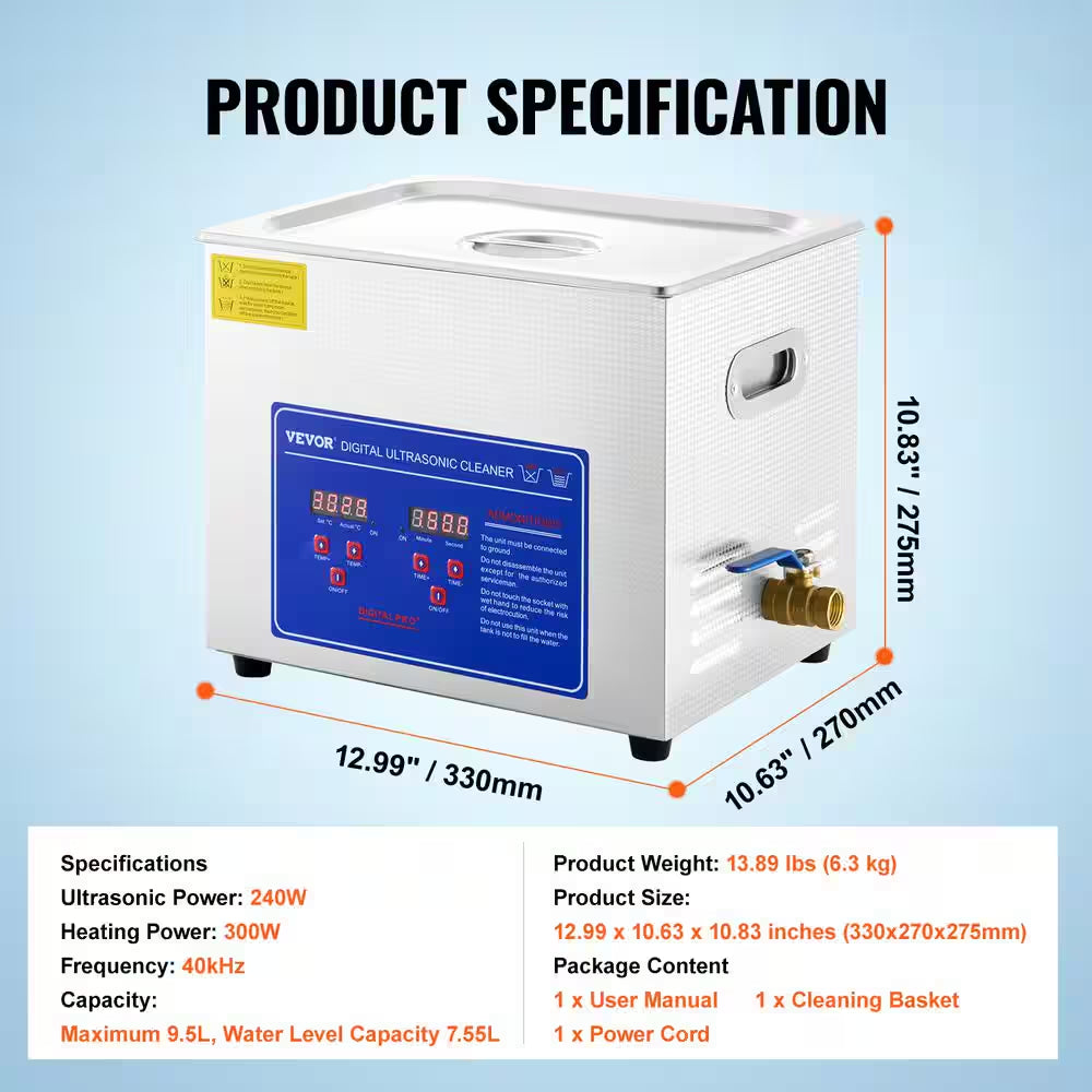 Ultrasonic Machine 10L Ultrasonic Cleaning Machine 40 KHZ with Digital Timer and Heater Professional