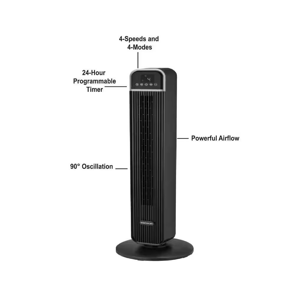 36 In. 4-Speed Oscillating Tower Fan in Black with Remote Control and Easy Carry Handle