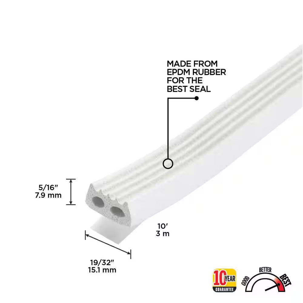 5/16 In. X 19/32 In. X 10 Ft. White Premium Rubber Window Seal for Large Gaps