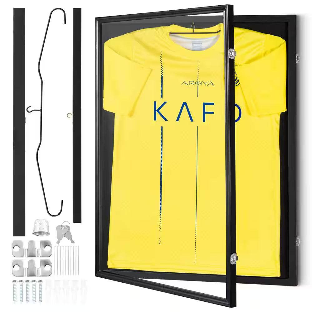 Black Jersey Display Frame Case 23.3 X 31.2 X 1.5In. Lockable Sport Jersey Shadow Box with UV Protection PC Glass