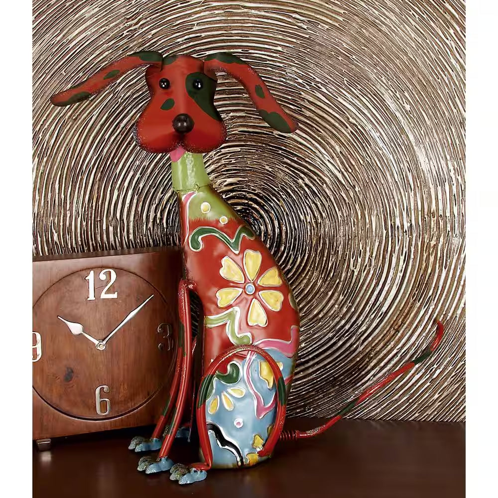 17 In. Metal Indoor Outdoor Dog Garden Sculpture with Floral Pattern