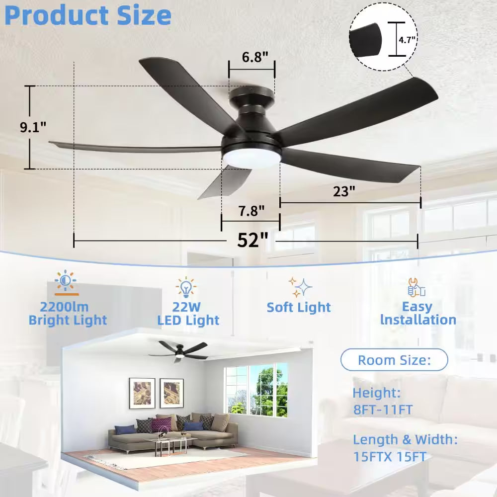 52 in Modern Black 6 Speeds Black Standard Flush Mount Ceiling Fan with 3- Color Dimmable LED Light, APP and Remote