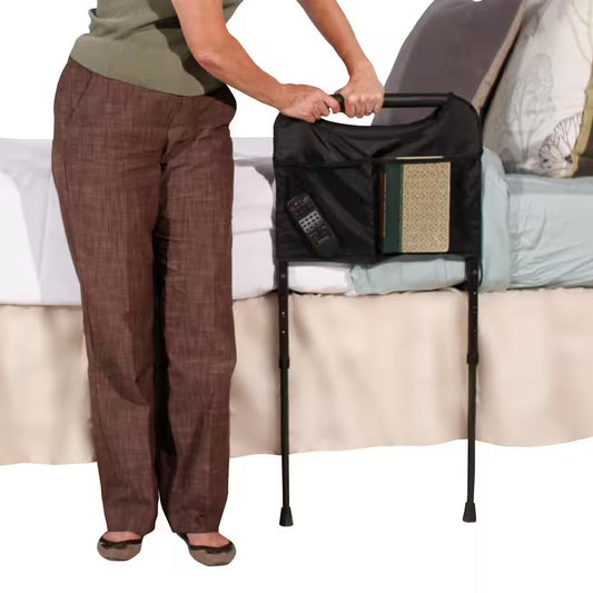 17 In. Sturdy Bed Rail with Adjustable Support Legs and Organizer Pouch in Brown