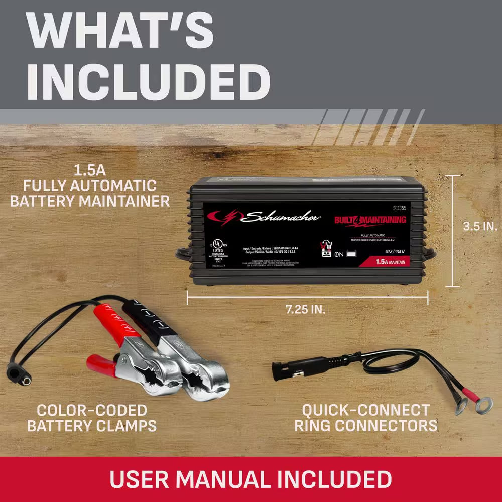 1.5A Car Battery Charger and Maintainer, Restores Batteries, Smart Trickle Charge, Automatic,Auto Restart,6V/12V, SC1355