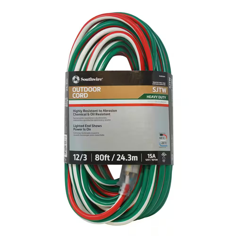 80 Ft. 12/3 SJTW Outdoor Heavy-Duty Extension Cord with Power Light Plug, Red/White/Green