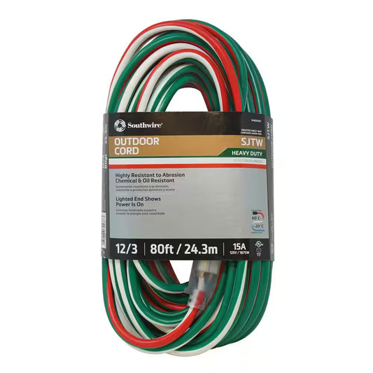 80 Ft. 12/3 SJTW Outdoor Heavy-Duty Extension Cord with Power Light Plug, Red/White/Green