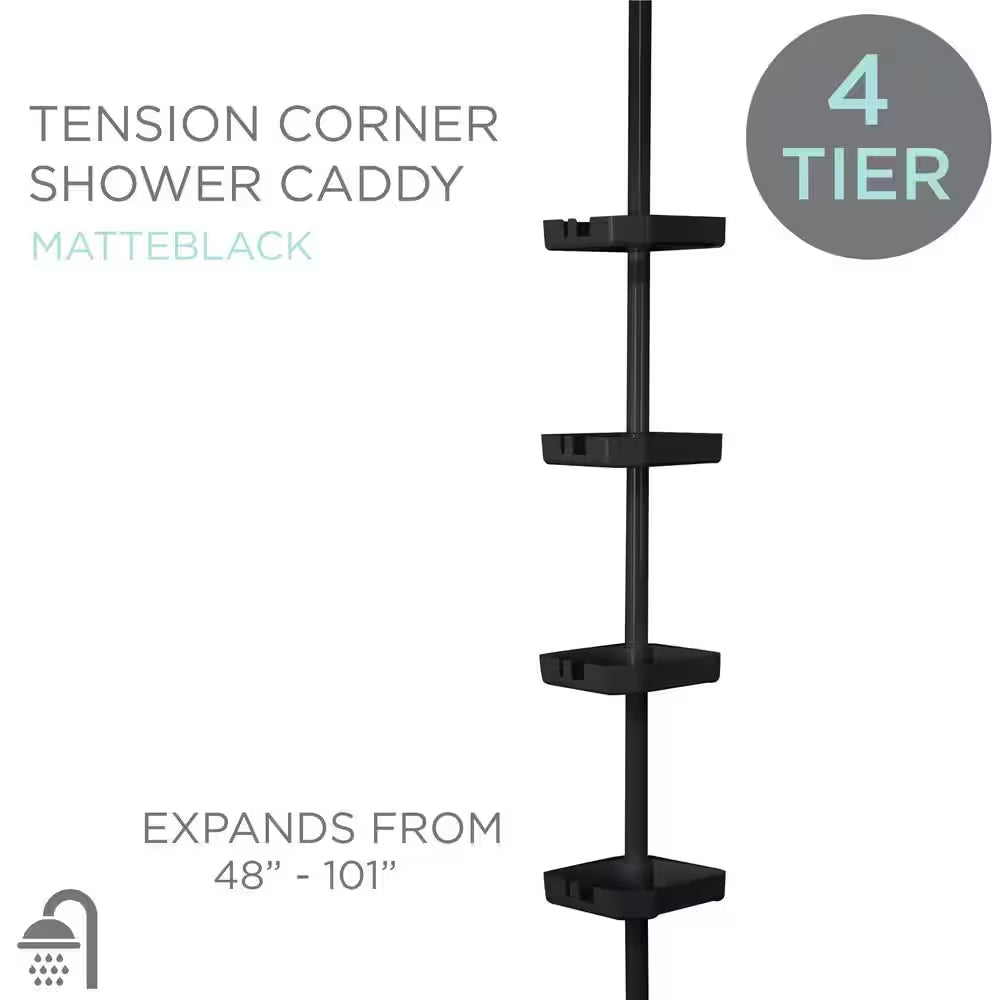 4 Tier Tension Corner Shower Organizer Caddy in Matte Black