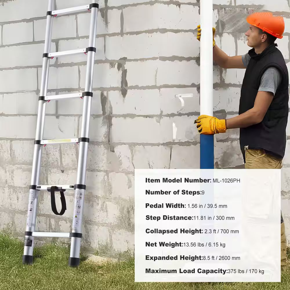 Telescoping Ladder, Non-Slip Feet, 8.5 Ft. Aluminum Extension Ladder 8.5 Ft. 375 Lbs. Collapsible