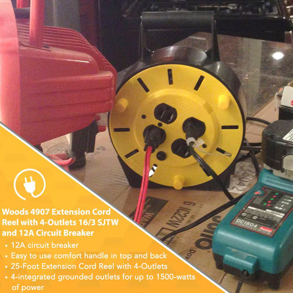 25 Ft. 16/3 Multi-Outlet (4) Portable Extension Cord Reel Power Station