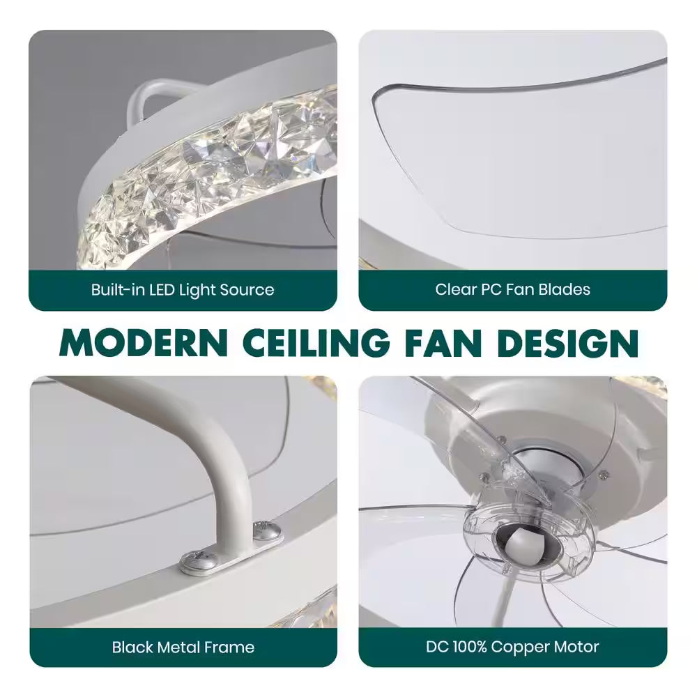 Lidia 19.68 in Indoor Modern White Crystal Flush Mount Ceiling Fan with Light, White LED Ceiling Fan for Bedroom