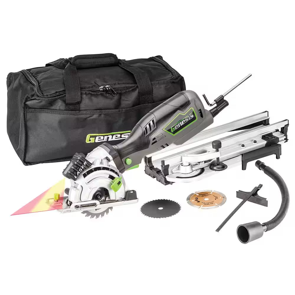 5.8 Amp 3-1/2 In. Control Grip Plunge Compact Circular Saw Kit with Laser, Hose, 3 Blades, Rip Guide and Bag