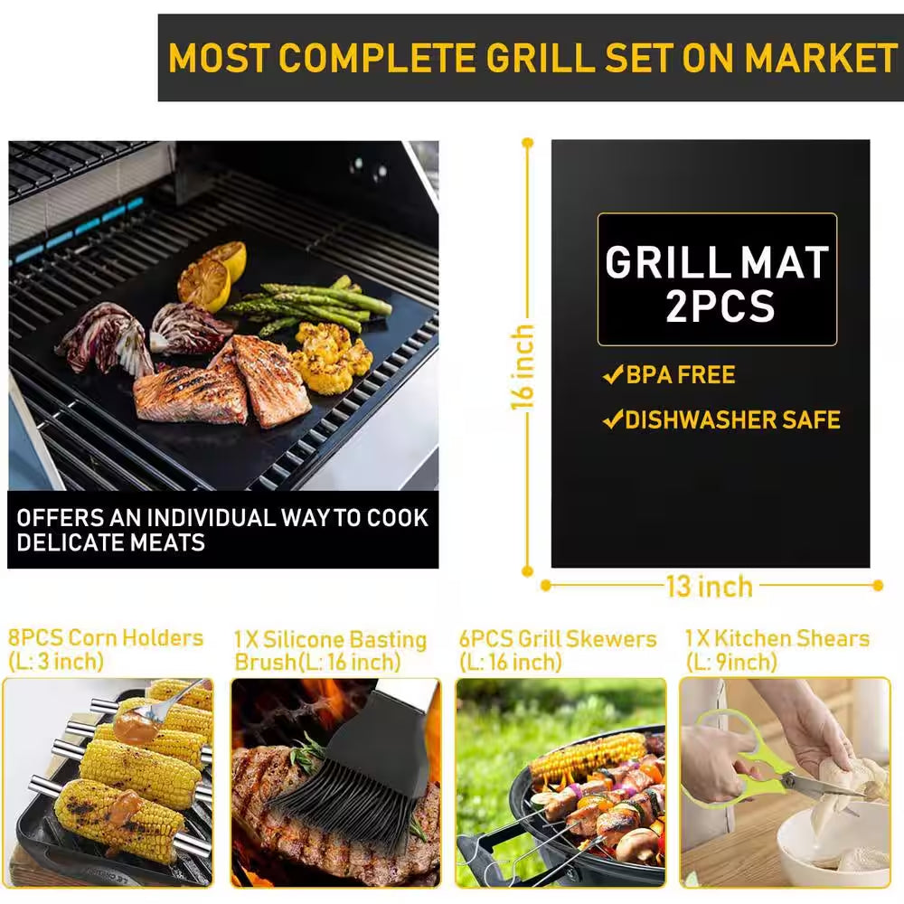 Stainless Steel Grill Cooking Accessory Tool Set 34-Pieces with Carry Bag, Thermometer, Grill Mats for Outdoor Camping