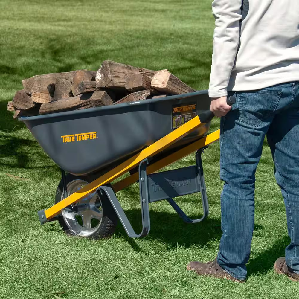 6 Cu. Ft Steel Wheelbarrow with Flat Free Tires and Metal Handles