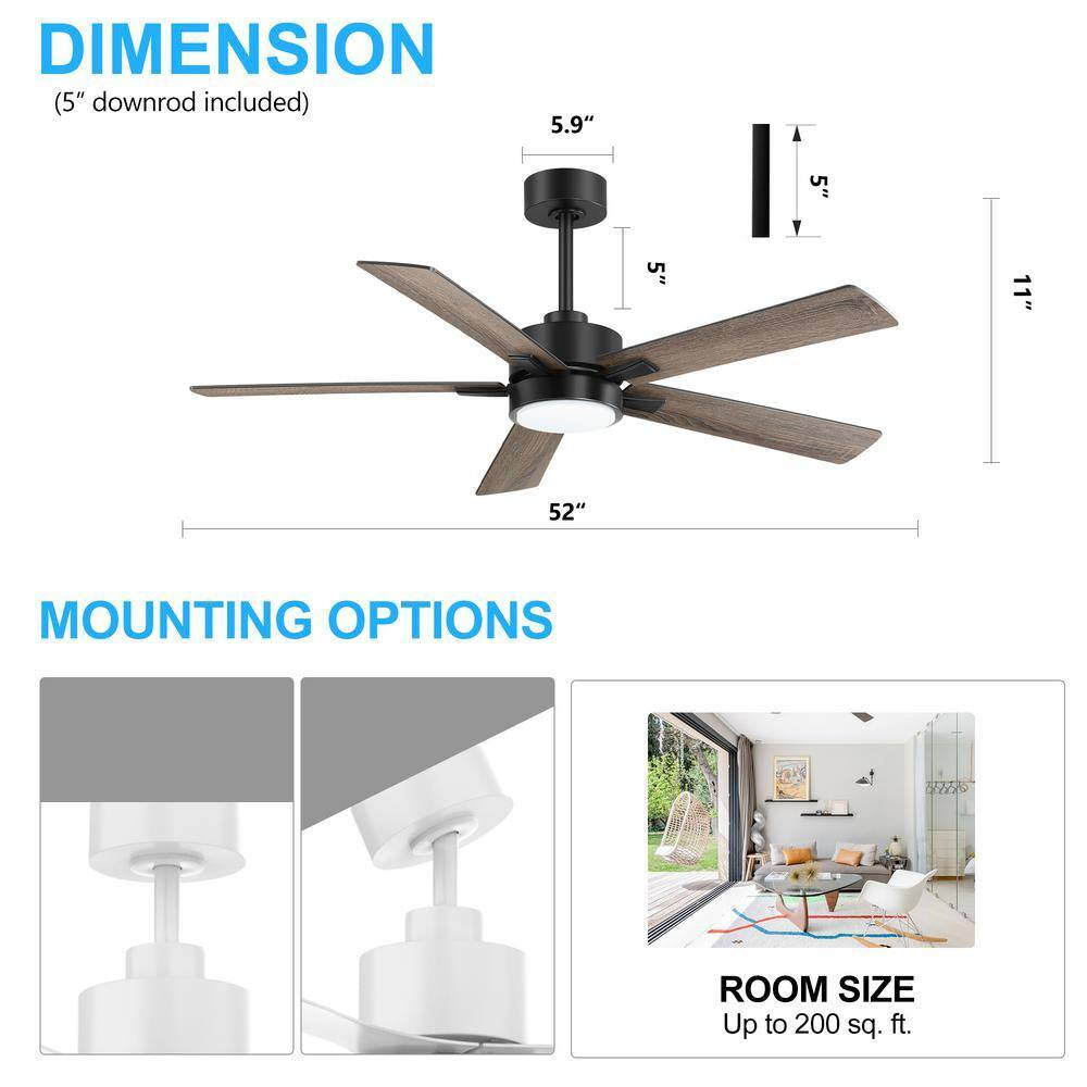 Walter 52 In. Indoor Black Ceiling Fan with Adjustable White LED Light, 5-Reversible Blades and Remote Control Included