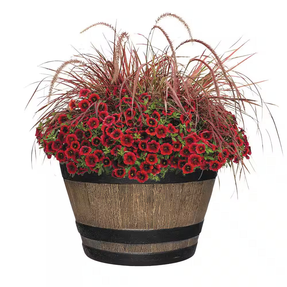 Kentucky Walnut Large Resin Whiskey Barrel Planter (20.5 In. L X 20.5 In. W X 12.25 In. H)