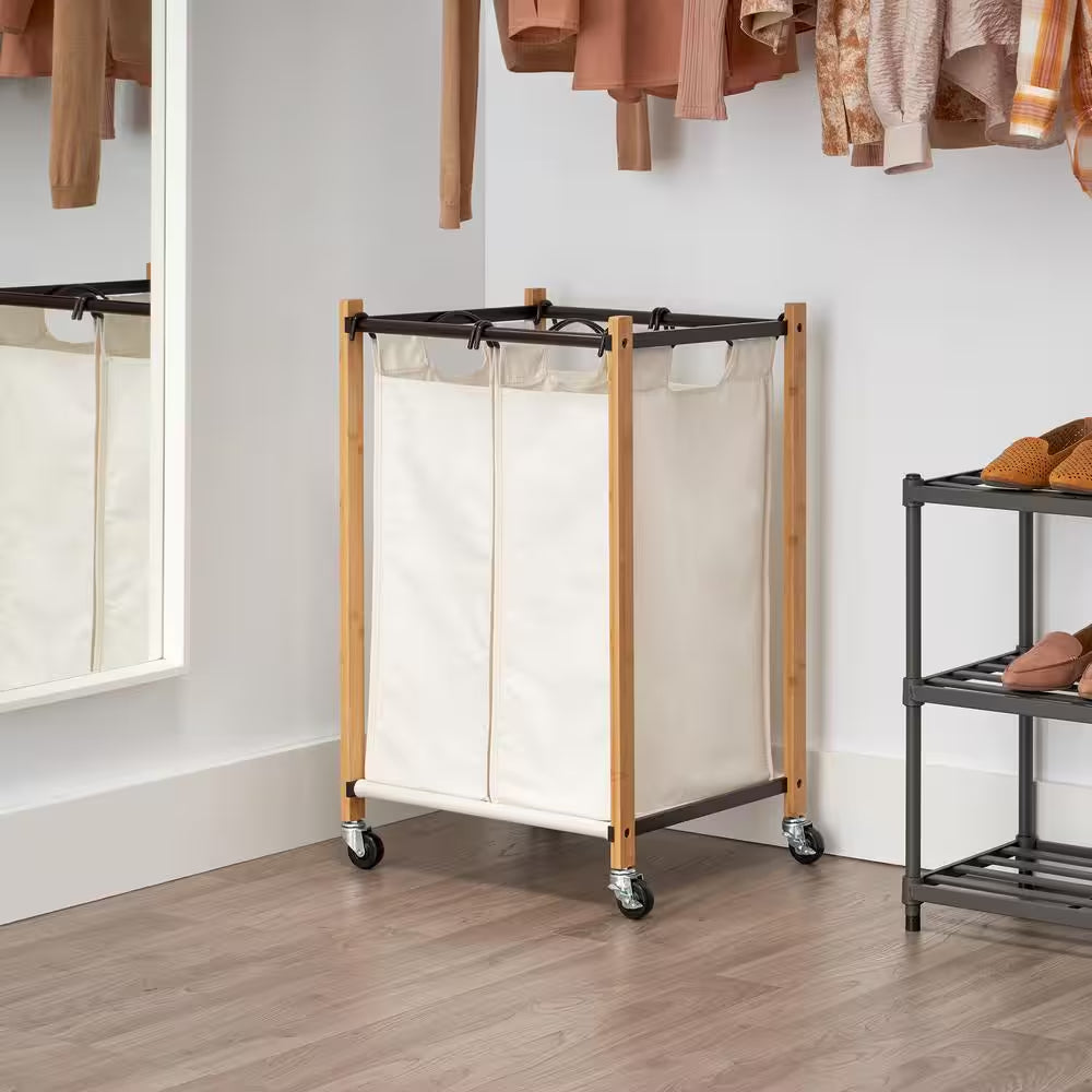 Basics Bronze 2-Bag Bamboo Laundry Cart with Wheels